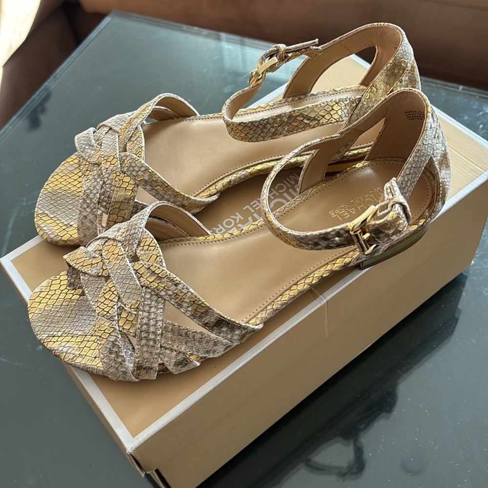 Michael Kors Annaliese Gold Metallic Snake Leather Sandals Sz 7 new